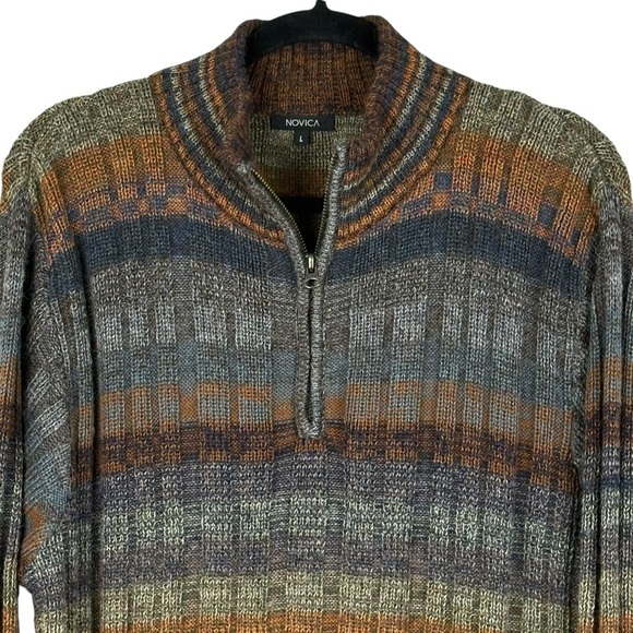 Novica Peruvian Alpaca Striped 1/4 Zip Pullover Sweater L Classic Academia Cozy - Picture 4 of 12
